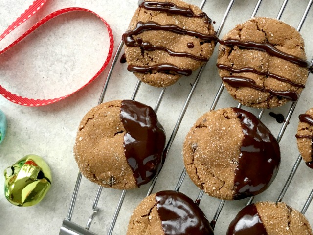 Chocolate gingerbread cookies are festive looking rolled in sugar and dipped in chocolate and they have that wonderful ginger flavour that makes them so perfect for the holidays.