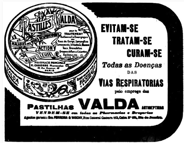 Propaganda das Pastilhas Valda em 1918 - pastilhas de sucesso no mercado brasileiro.