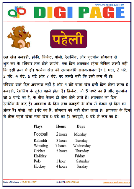  DP | PUZZLE | 28 - APR - 17 | IMPORTANT FOR SBI PO  