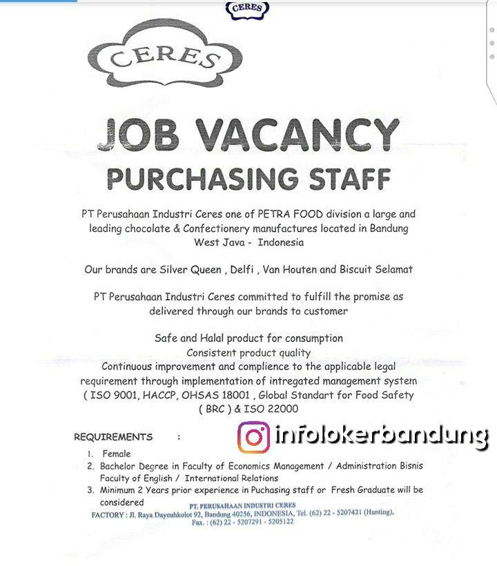Lowongan Kerja PT. Perusahaan Industri Ceres Bandung September 2017