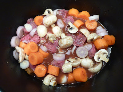 The Improving Cook- raw ingredients for Beef Bourguignon with stock added.