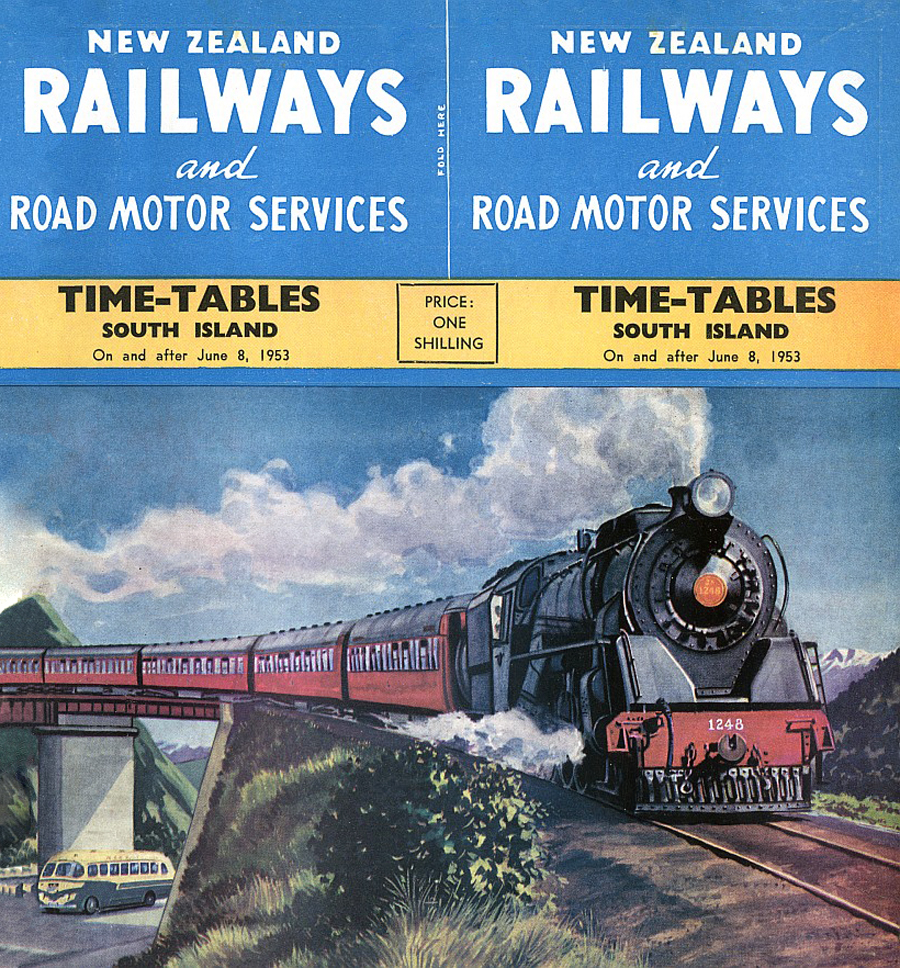 transpress nz NZR steam train timetable art, 1953