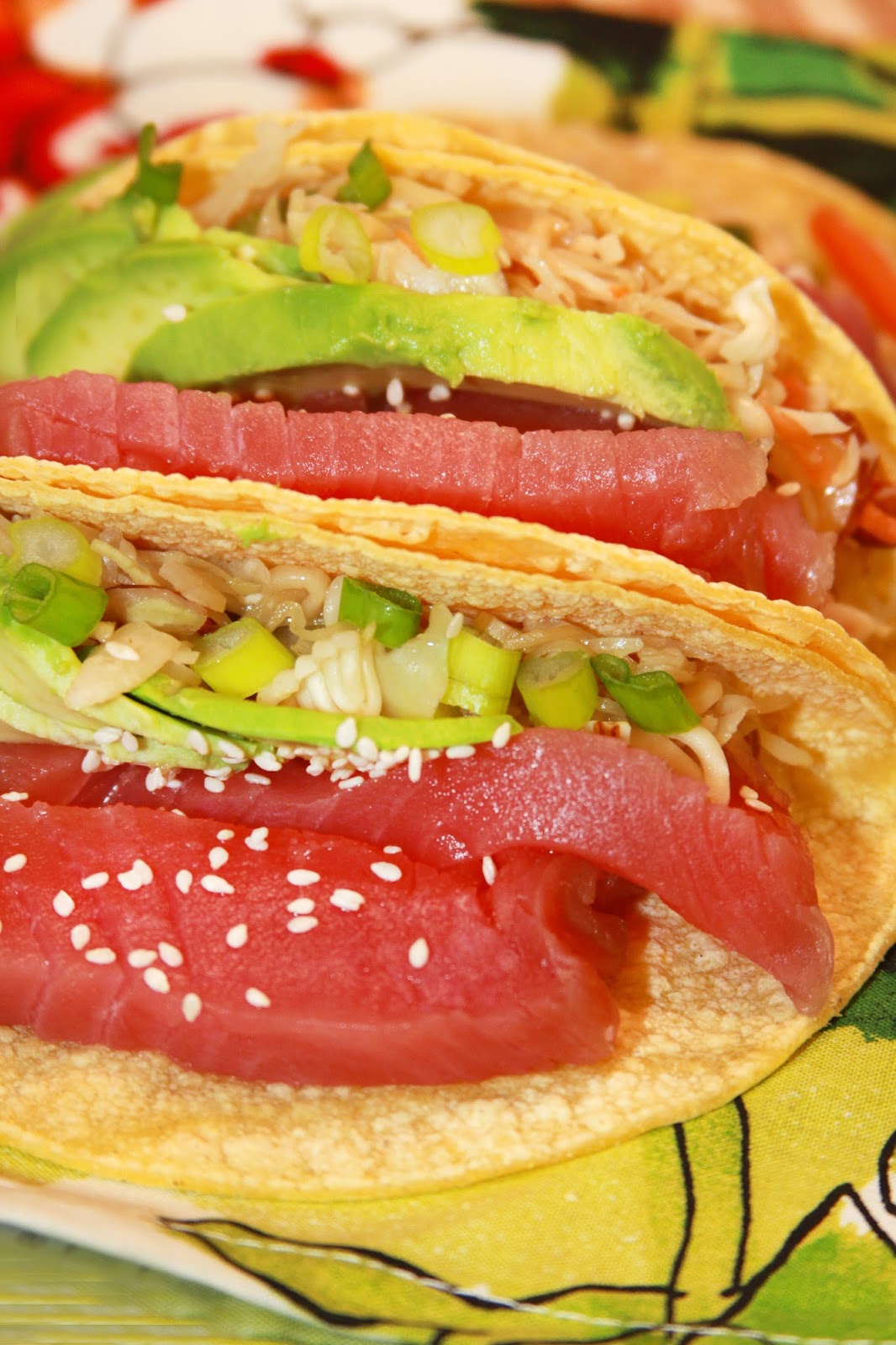 For the Love of Food Ahi Tuna Fish Tacos with Wasabi Creme and Ramen Slaw