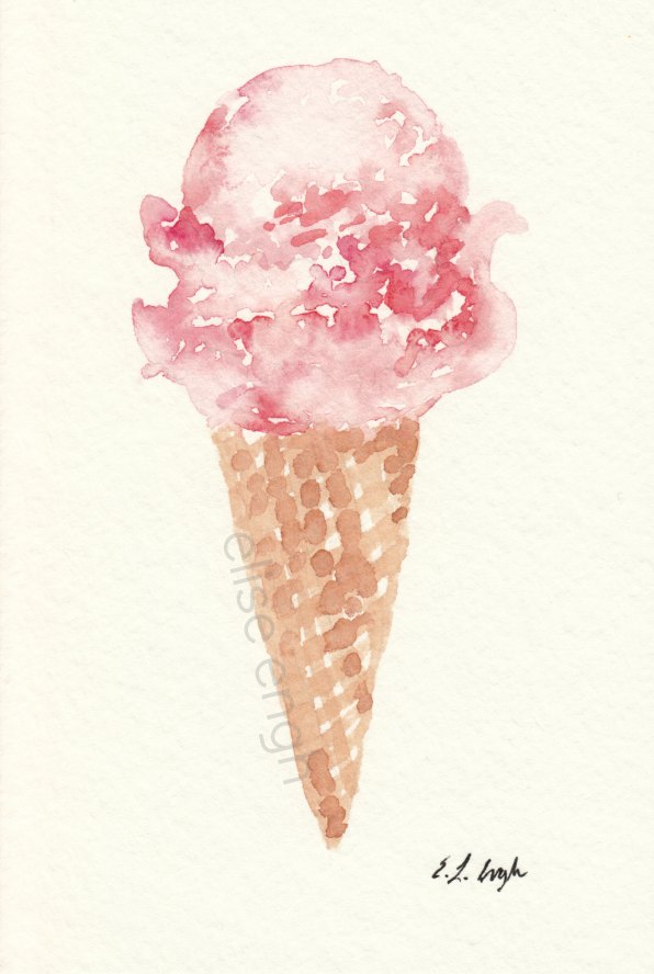 Original Watercolor Pink Ice Cream Cone Painting by Elise Engh