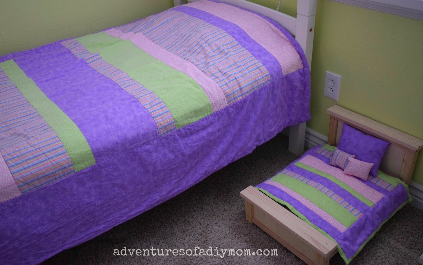 Doll Quilt and pillows for Farmhouse Doll Bed Adventures of a DIY Mom