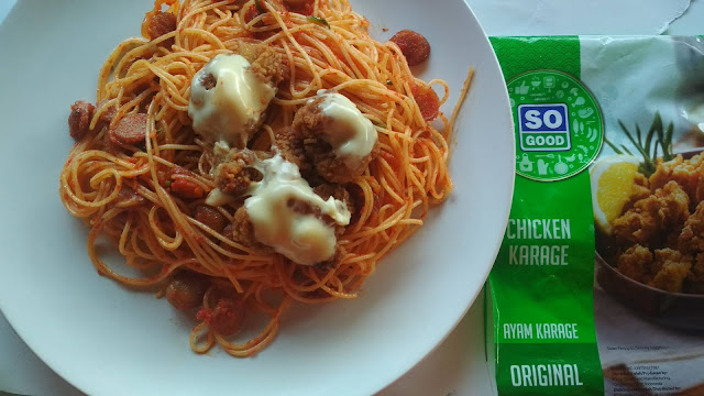 spaghetti pedas dengan chicken karage
