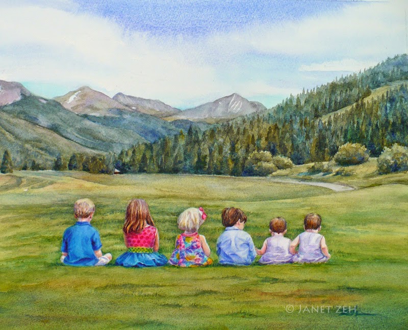 Children and Mountains Custom Watercolor Painting
