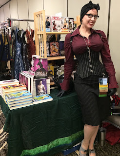 Gail Carriger at DemiCon in Burgundy & a Pin Striped Corset by Dark Garden 