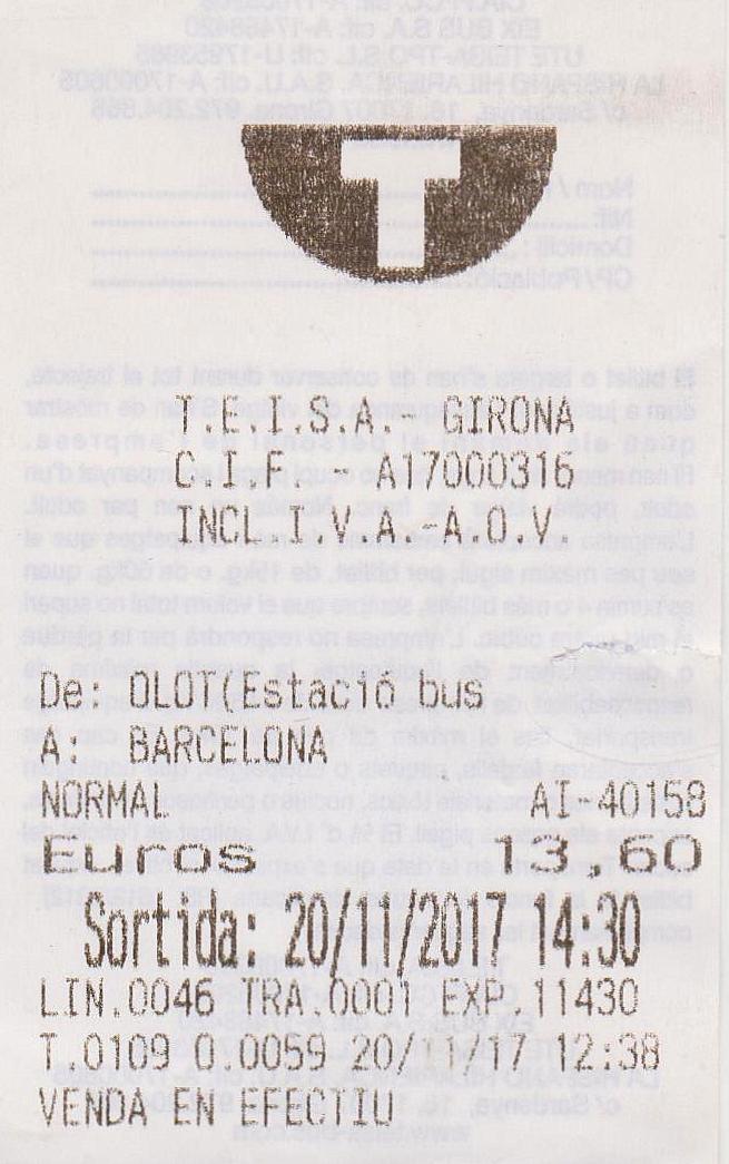The traveler's drawer TEISA, Bitllet autobús d'Olot a Barcelona (2017)