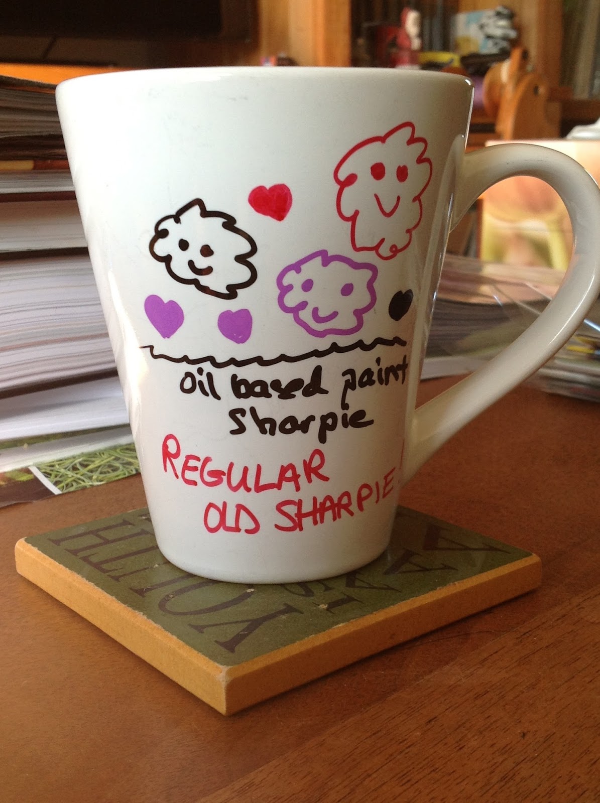 Lavender Knits A test of sharpies on a ceramic mug.