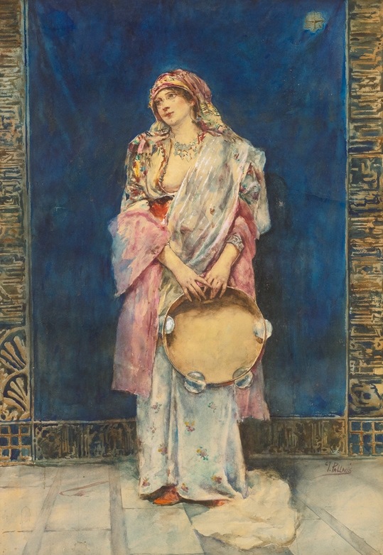Aquarelle Originale XIXe - Dame Assise - Joaquín Pallares Allustante - Encadrée Signée