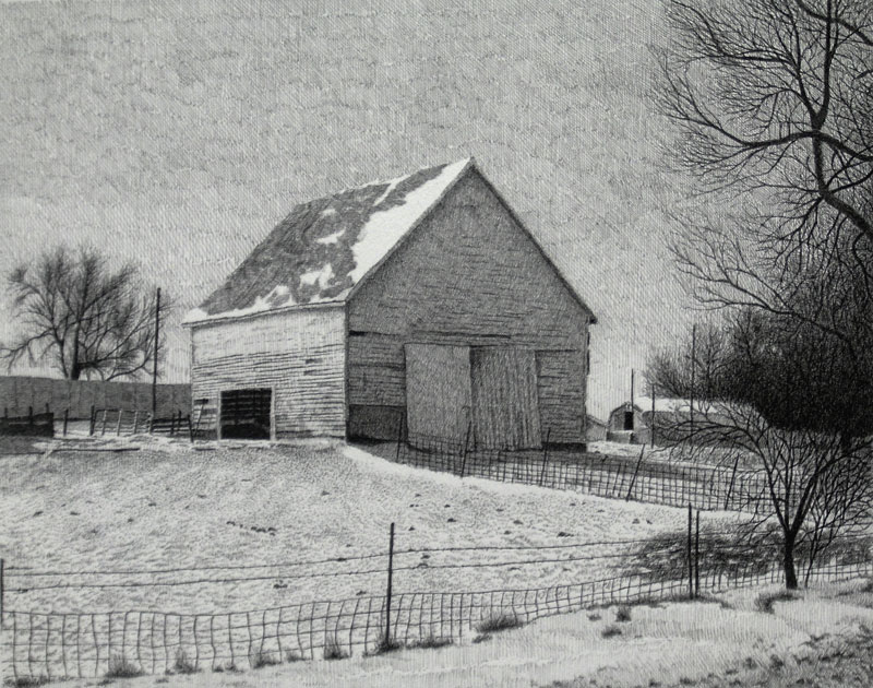 Joel Lueck: Barn #25 - Pen and ink drawing of a corn crib in Iowa