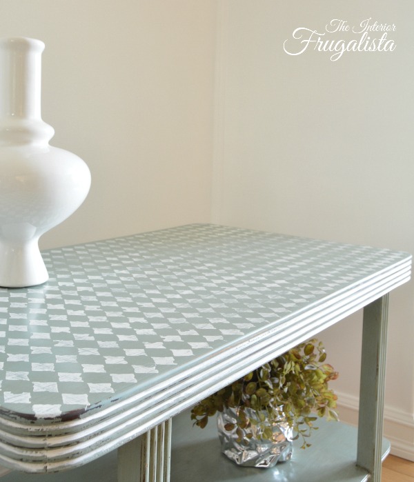 A unique Art Deco coffee table makeover painted duck egg blue with harlequin stenciled top for a fun retro-style furniture upcycle.