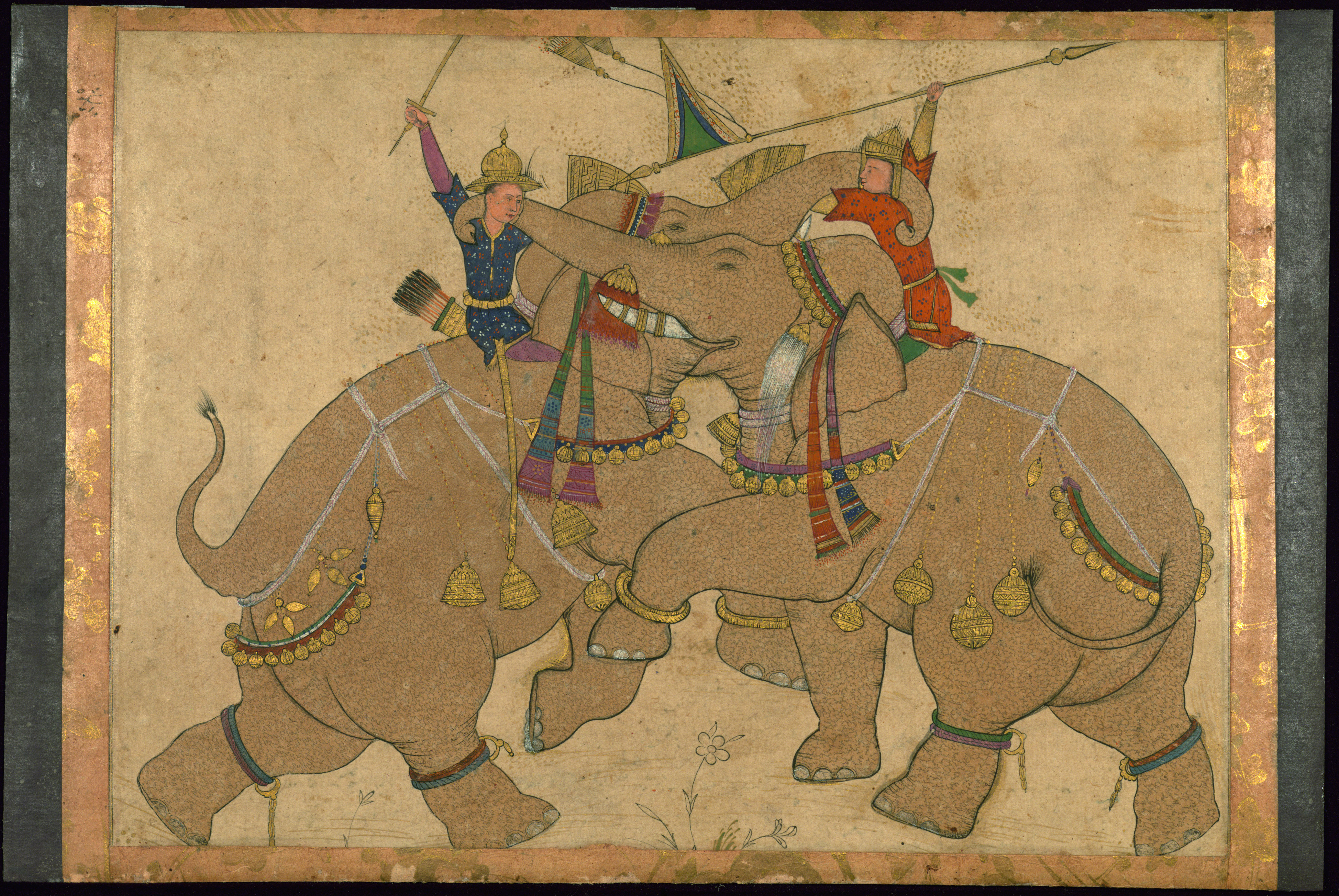 Elephant Combat Mughal Painting, 19th Century Old Indian Arts