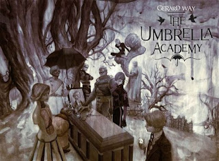 Une planche du comics "The Umbrella Academy", mettant en scène les funérailles de Reginald Hargreeves