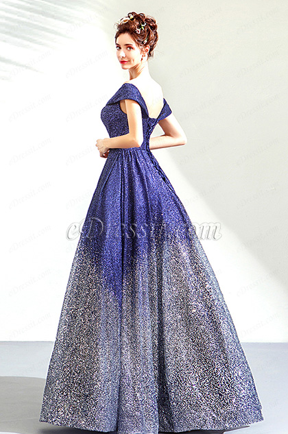 Sexy Blue Sequins Off-Shoulder Party Evening Gown 