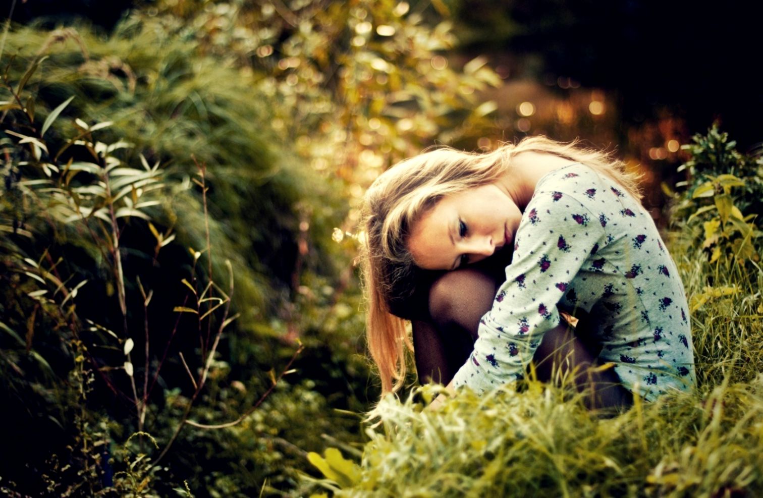 women Blonde Forest Alone Sad Holding Knees Wallpapers HD