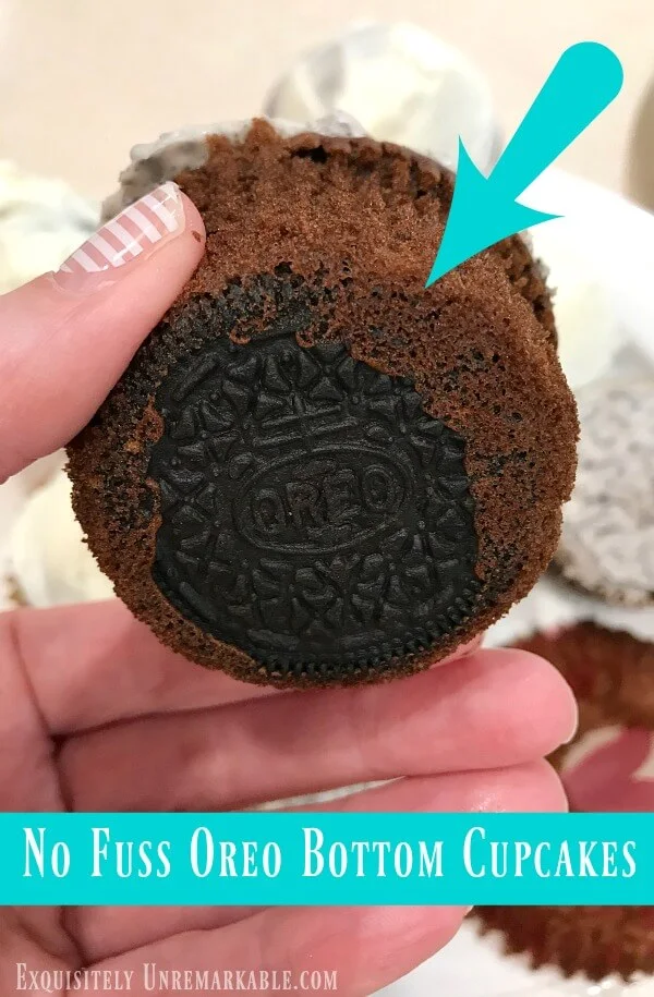 No Fuss Oreo Bottom Cookie text over hand holding cupcake