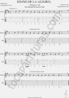 Partitura de la Tablatura y punteo del Himno de la Alegría para Guitarra en Sol Mayor Ode to Joy Sheet Music for Guitar Tabs in G