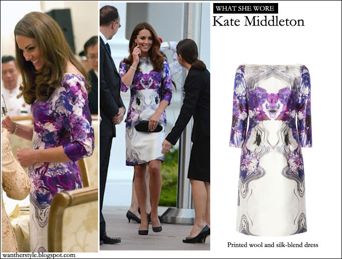 WHAT SHE WORE: Kate Middleton in white and purple floral print dress ...
