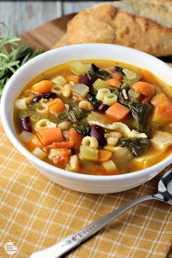 Turkey Minestrone Soup by Renee's Kitchen Adventures in a white bowl, close up