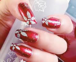 Red Nail Art with Silver Flowers
