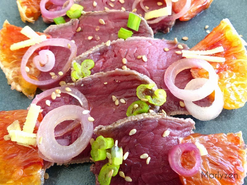 Tataki de boeuf à l'orange sanguine.