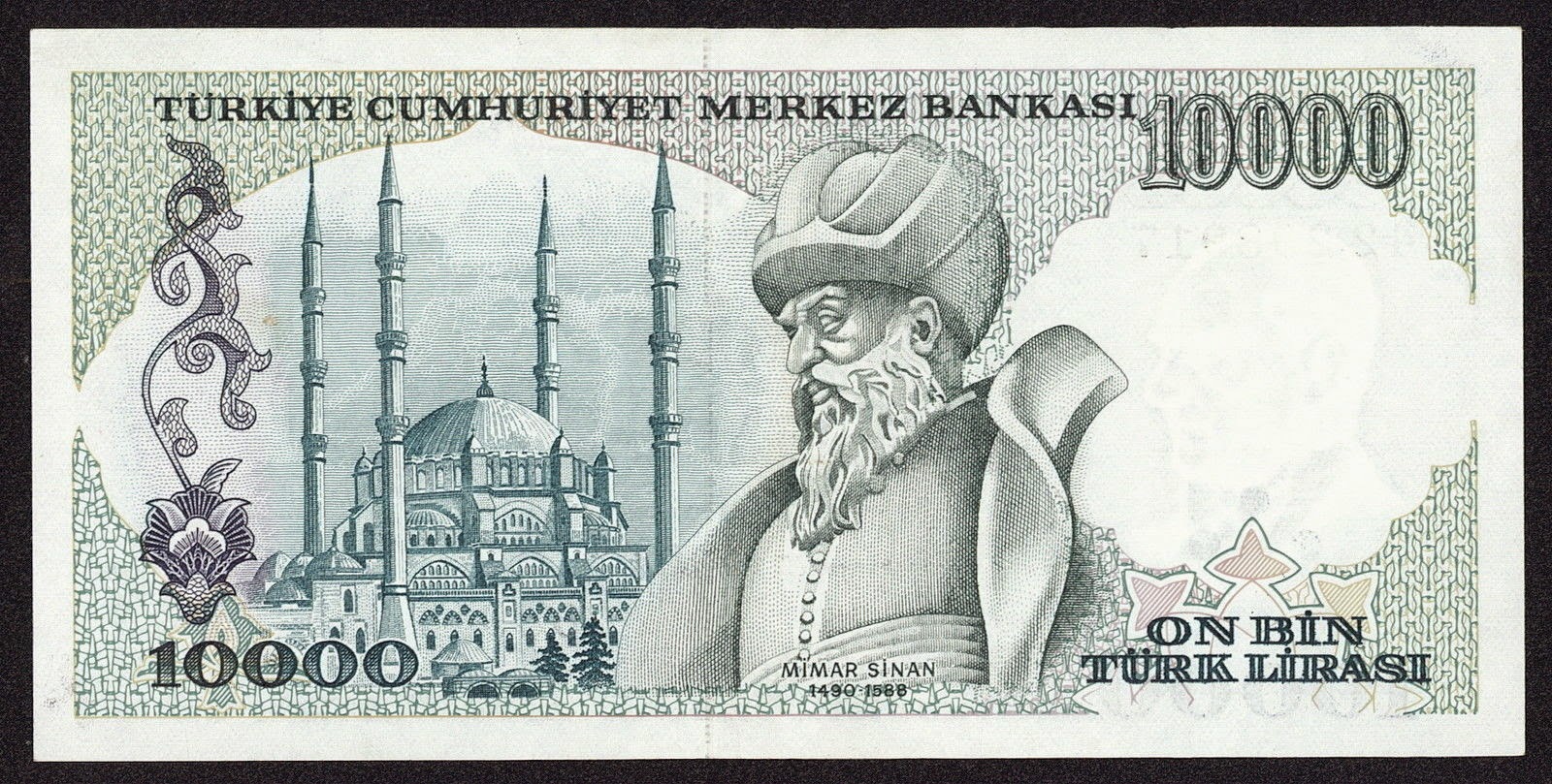Turkey currency money 10000 Turkish Lira "Türk Lirasi" note 1993 Architect Sinan and his work of art Selimiye Mosque in Edirne