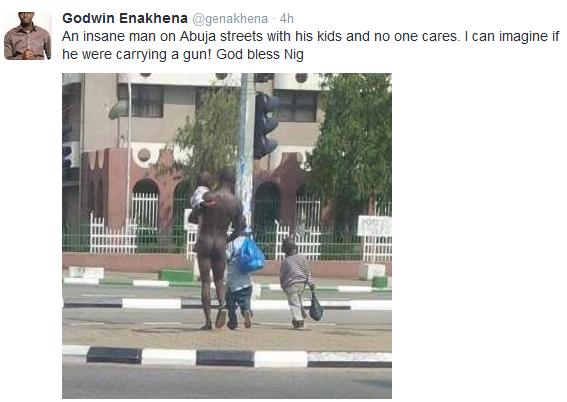 Bizarre Friday....Naked Man spotted  roaming the Streets Of Abuja With 3 well dressed kids [Photo]