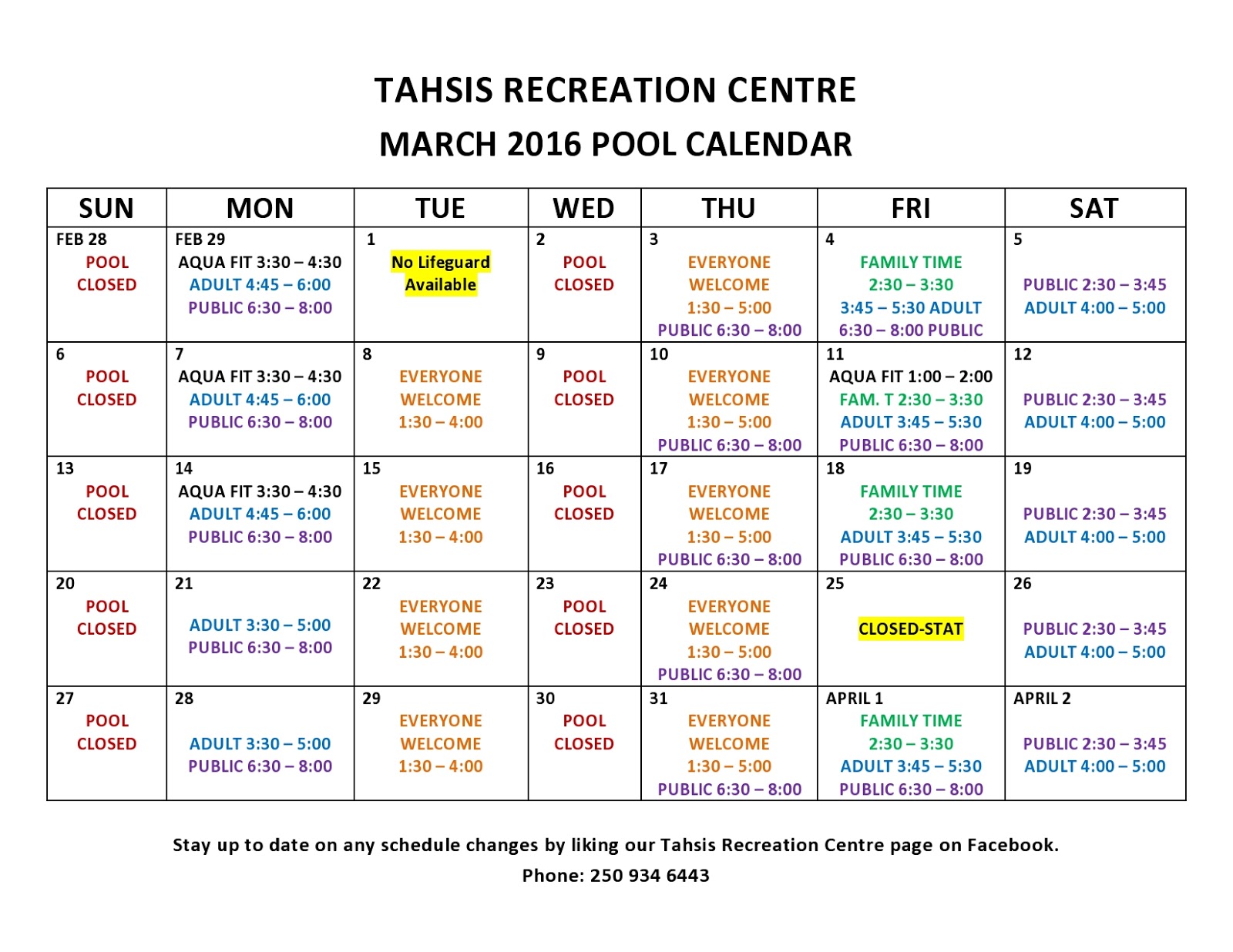 Tahsis Living Latest Swim Schedule at the Tahsis Recreation Centre