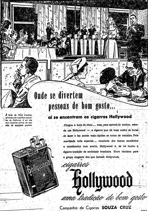 Propaganda dos Cigarros Hollywood nos anos 50 onde são apresentadas pessoas fumando em ambiente fechado.
