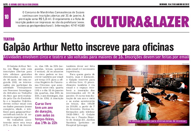 OPERETA DIVULGA: Oficinas de circo e teatro no Galpão Arthur Netto, em Mogi das Cruzes