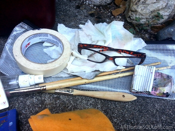 plein air painting gear, brushes, paint, tape, mister, etc