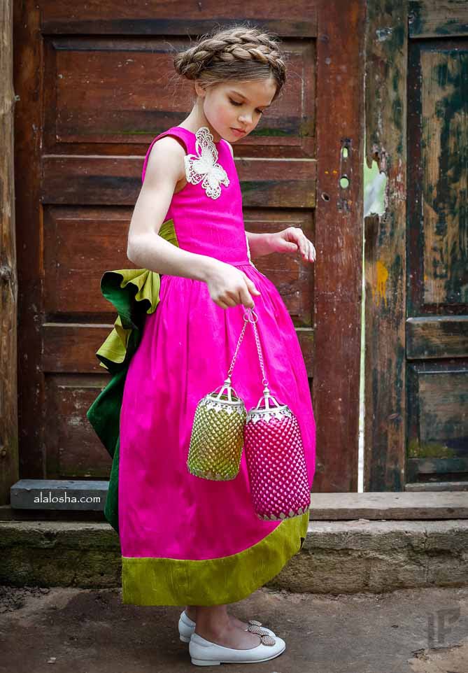  Fuchsia Pink & Green Bow Silk Maxi Dress