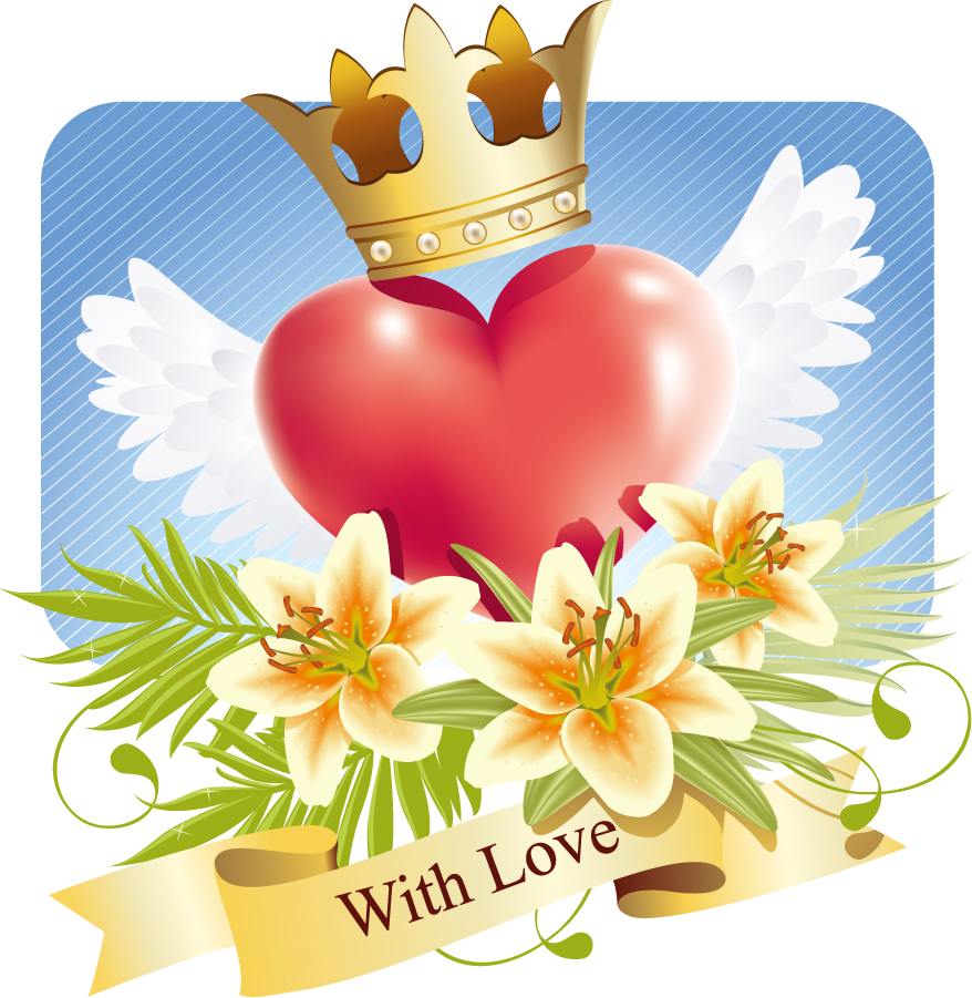 王冠や羽根で豪華に飾ったハート crown love hearts patterns イラスト素材3
