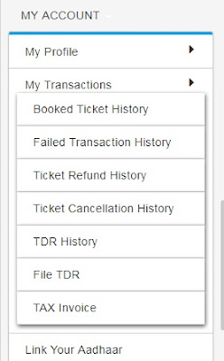 Train eticket site My Transaction menu