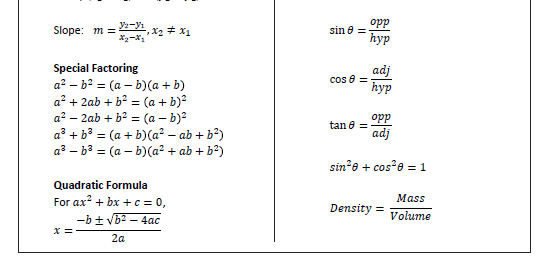 Formula sheet mathematics