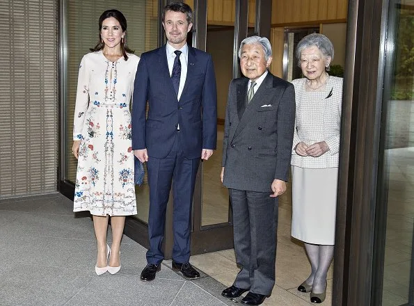 Princess Mary wore VILSHENKO Jerry Floral Print Silk Crepe de Chine Dress. Emperor Akihito and Empress Michiko