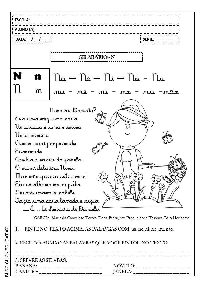 Silabário letra N para imprimir e colorir Clicks Educativos