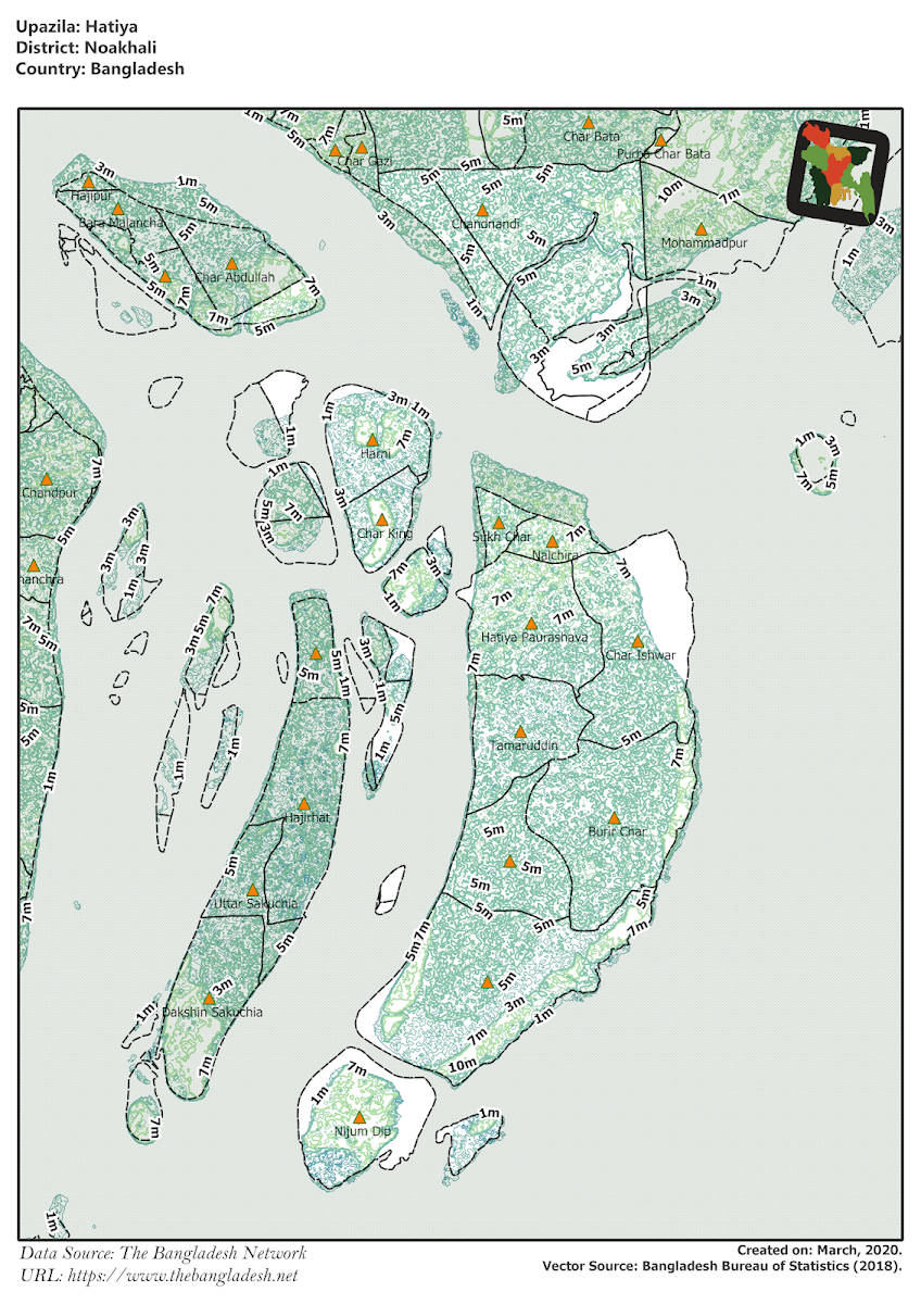 Hatiya Upazila Elevation Map Noakhali District Bangladesh