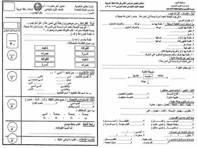 تجميع كل امتحانات السنوات السابقة "لغة عربية ودين" للصف الاول الابتدائي مراجعة خيالية لامتحان اخر العام 2016 3