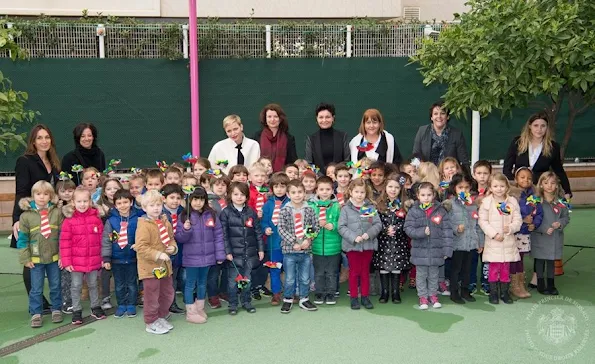 Princess Charlene of Monaco visited the nursery school of Monaco and the college 'Charles III' where the South africa children met the children of the college