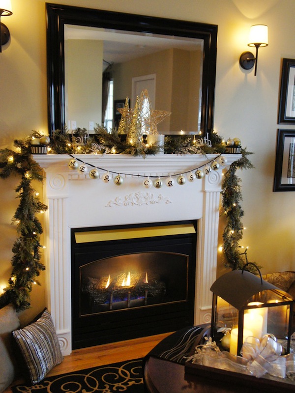Cool  Classic Christmas fireplace decoration with candles bells stars