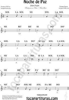  Noche de Paz Partitura Fácil con Notas en letra para Flautas, Violín, Oboe e instrumentos en Do Silent Night. Incluye Partitura Jpg y vídeo partitura (en Do mayor)