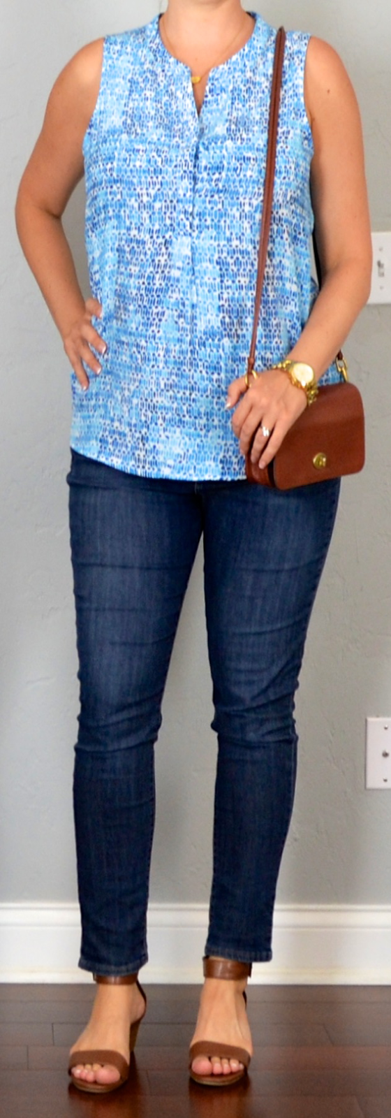 outfit post: blue print blouse, skinny jeans, brown wedge sandals