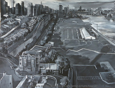 ink charcoal gouache drawing on paper of Barangaroo and Millers Point from the Harbour Control Tower  by industrial heritage artist Jane Bennett