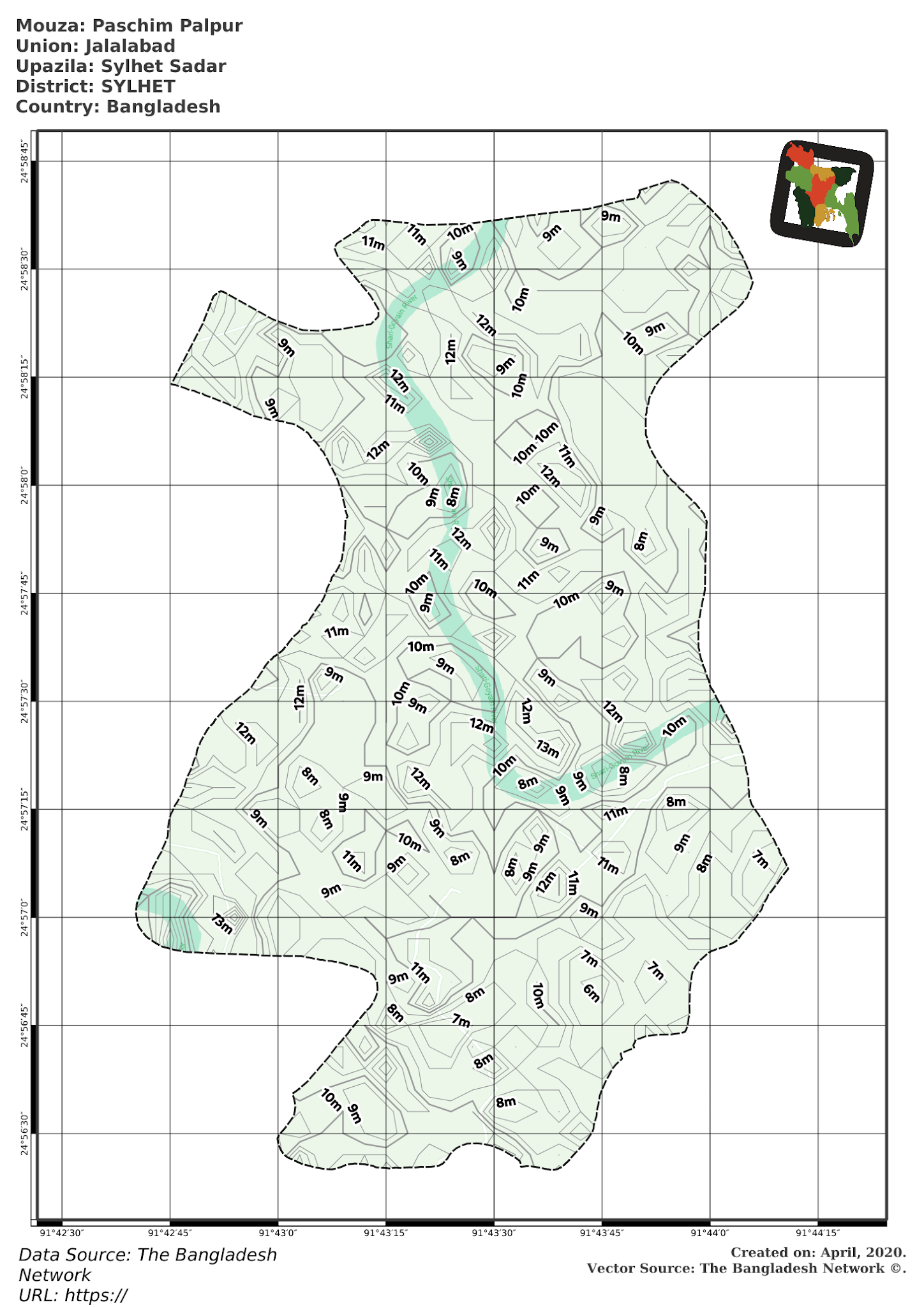 Map of Paschim Palpur Mouza of Sylhet Sadar Upazila, SYLHET, Bangladesh.