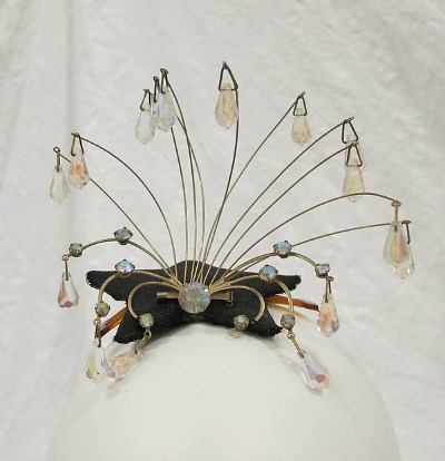 Whimsical black with beads and rhinestones 1950's hat designed by Bill Cunningham