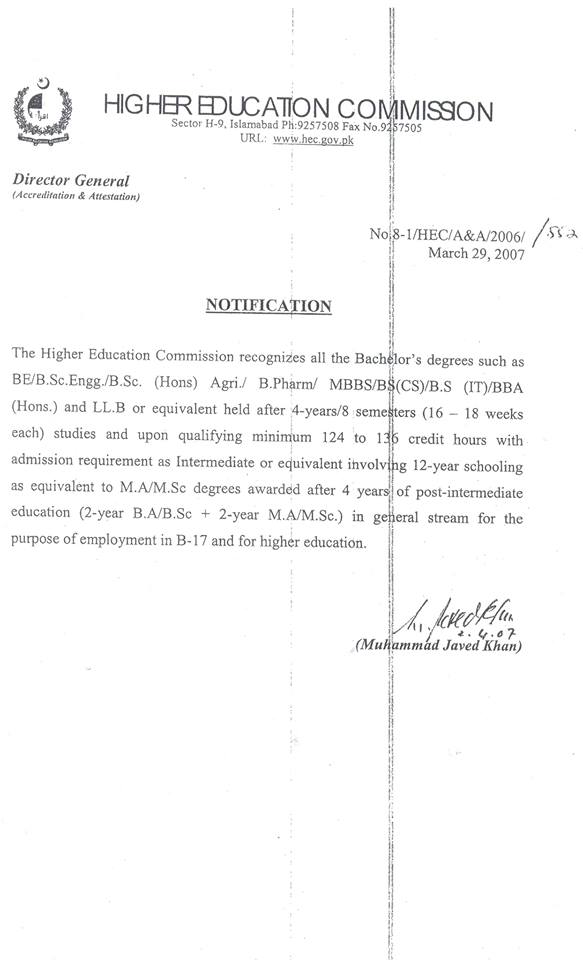 Family Law Firm Pakistan HEC Notification Declaring LLB and MA/MSC