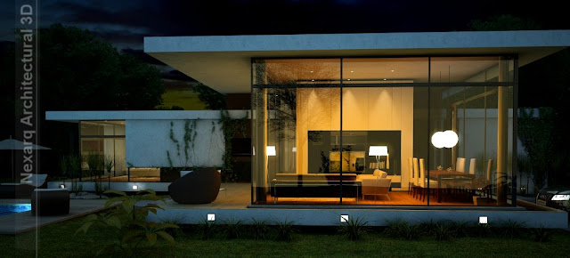 arquitectura 3D, render exterior de noche